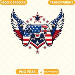 Patriotic Gamer Controller Png, American Flag Gaming Eagle Wings Sublimation Png, Digital Download, Red White Blue Gamer Gaming Graphic
