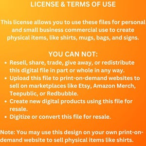 May include: A text-based image with a bright orange background and black text. The text states the license and terms of use for a digital file. The license allows for personal and small business commercial use to create physical items. The text also lists what is not allowed, such as reselling, sharing, or uploading the file to print-on-demand websites.