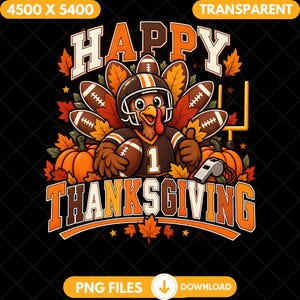 Könnte beinhalten: Eine grafische Illustration eines Truthahns, der einen Footballhelm und ein Trikot mit der Nummer 1 trägt und einen Football hält. Das Design enthält orangefarbene Kürbisse, braune Herbstblätter, ein Tor, eine Pfeife und den Text HAPPY THANKSGIVING.