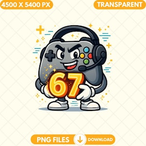 May include: A cartoon illustration of a gray game controller character wearing a headset and holding the number 67. The controller has buttons in various colors and is smiling. The background is white with yellow and blue accents.