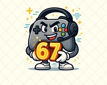 Puede incluir: Una ilustración de dibujos animados de un personaje de mando de juego gris que lleva auriculares y sostiene el número 67. El mando tiene botones de varios colores y está sonriendo. El fondo es blanco con detalles amarillos y azules.