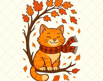 Könnte beinhalten: Cartoon-Illustration einer lächelnden orangefarbenen Tabby-Katze mit einem rot-schwarz karierten Schal, die auf einem Ast mit Herbstblättern sitzt. Der Text "PNG FILES" und "DOWNLOAD" ist enthalten.
