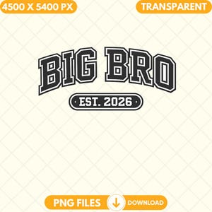 Pode incluir: Um design gráfico em preto e branco com as palavras "BIG BRO" em uma fonte arrojada e arqueada. Abaixo, "EST. 2026" em um oval preto. O design está em um fundo amarelo claro.