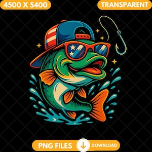 Patriotic Fishing Fish Png, Retro Fish Sublimation Png, Digital Download, Funny Usa Style Bass Cartoon For Diy Fishing Lover Fishing Humor