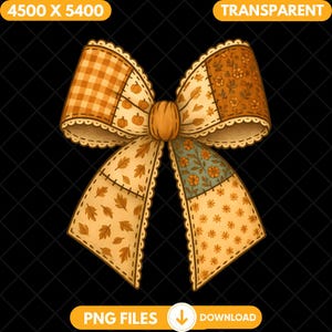 May include: A decorative bow with a patchwork design featuring autumn patterns. The bow has a pumpkin-shaped centre and is made of various fabrics with orange, cream, and teal colours. The bow includes images of pumpkins, leaves, and flowers.