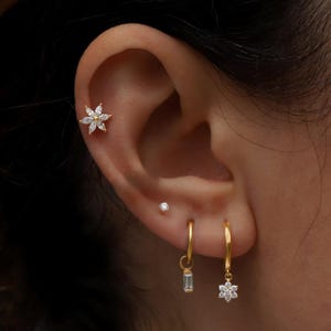 4 Pair Earring Set—Flower, Dot, Baguette Hoop, Mini Flower Hoop | Lab Diamond | 925 Silver, 10K, 14K, 18K in Solid Gold CushionBlueLLC.