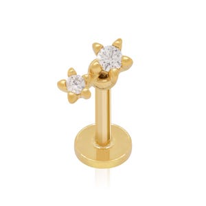 Two Diamond Threaded Flat Back Stud, 14k Gold Flower Cluster Stud, Labret Piercing, Tragus Stud, Helix Conch Earring, Gift For Her.