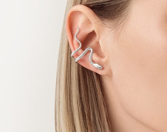 14K Gold Snake Ear Cuff | Serpent Ear Wrap | No Piercing Helix Cuff | Cartilage Conch Jewelry | Minimalist Statement Gift | Cushion blue