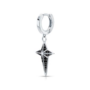 Black Diamond Star Cross Dangle Earring, 14k Gold Single Hoop Earring, Celestial Drop Earring, Gothic Star Jewelry, Men's Statement Earring.