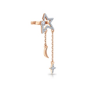 14k Gold Stardust Chain Single Earring, Dangle Moon Star Drop Diamond Earring, Helix Piercing, Celestial Jewelry.