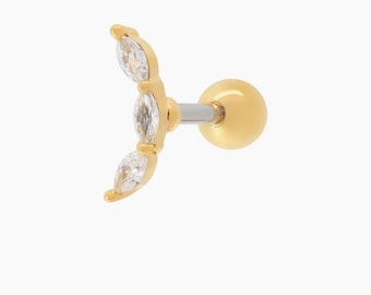 14k Gold Curved Cartilage Stud | Marquise Arc Helix Piercing | Flat Back Tragus Earring | Dainty Diamond Curve Jewelry | Minimal Ear Climber