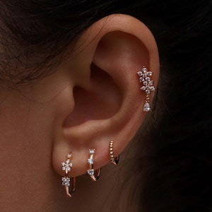 Double Flower Pear Dangle Piercing, 14k Gold Diamond Floral Vines Stud, Cartilage Climber Earring, Helix Piercing, Gift For Her.