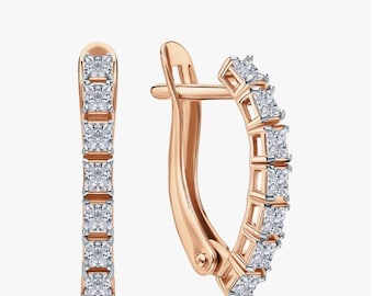 14K Rose Gold Princess Cut Diamond Hoop Earrings | Hinged Huggie Hoops | Secure Closure | Wedding Jewelry | Gift for Her | Cushion blue