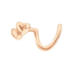 Tiny Double Heart Shape Nose Pin, 14k Gold Heart Nose Stud, Nostril Curve Screw Hook, Twist Bar Bone Pin Piercing,