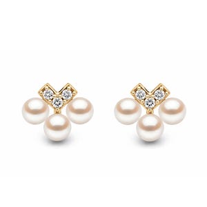 14K Gold Triple Pearl Diamond Cluster Stud Earrings | White Gold Floral Ear Jewelry | Elegant Bridal Style | Gift For Her | Cushionblue