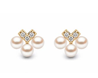 14K Gold Triple Pearl Diamond Cluster Stud Earrings | White Gold Floral Ear Jewelry | Elegant Bridal Style | Gift For Her | Cushion blue