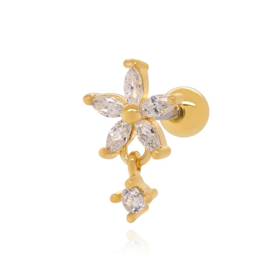 14k Gold Cartilage Flower Piercing, Helix Piercing, Marquise