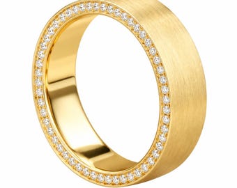 14K Gold Tone Pavé Edge Band Ring, Wide Statement Ring, Sparkling Diamond Minimalist Wedding Jewelry, Polished Gold Band, Gift For Him