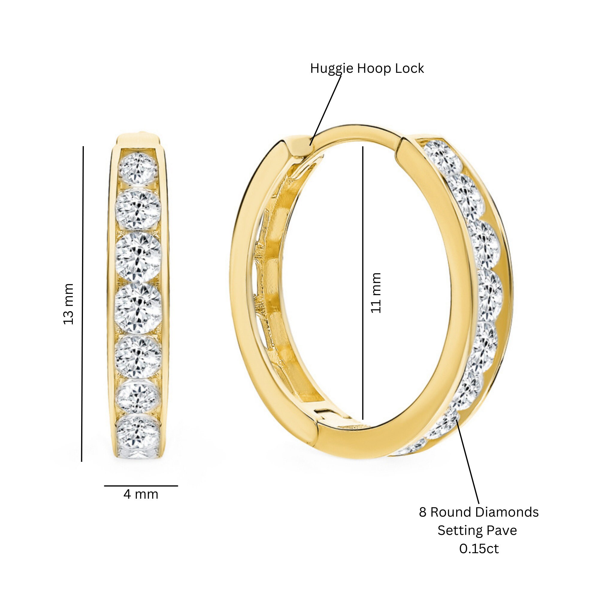 14K Gold | Diamond Huggie Hoop Earring | Pave Diamond Hoop