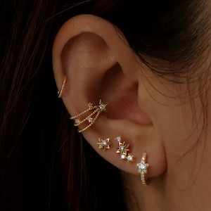 Punho de orelha estrela de diamante de linha tripla, brinco de punho de orelha de fio de ouro 14K, sem piercing, envoltório de concha, piercing corporal, joias femininas, presentes para ela.