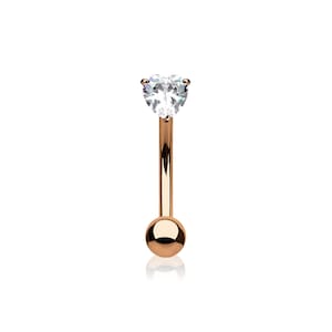 Anillo de ombligo en forma de corazón de oro macizo de 14 k: delicada barra curva, corazón con corte de diamante genuino, piercing minimalista para el ombligo, regalo para ella.