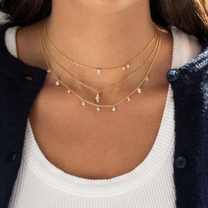 Floating Multi Shape Diamond Necklace, 14K Gold Drilled Diamond Necklace, Nine Drill Diamond Floating Pendant, Gift for Mom.