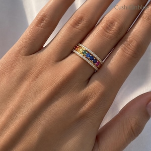 14K Gold Rainbow Gemstone Sapphire Diamond Ring | Multi Color Gemstone Band | Stackable Wedding Ring | Anniversary Gift For Her |Cushionblue