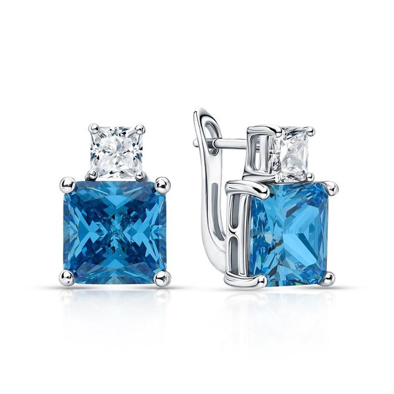 Blue Topaz Princess Cut Drop Earrings With Clear Accent Stone, Elegant Square Dangle Earring, Sparkly Jewelry Gift For Her, By Cushionblue.