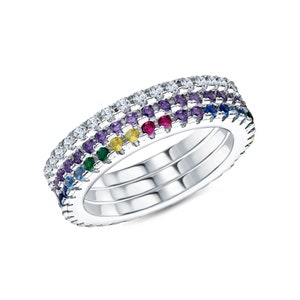 Unique Colorful Round Cut Tennis Ring, 3 Band Multicolor Ring, Diamond & Gemstone Band In 14k Gold, Birthday Party Gifts