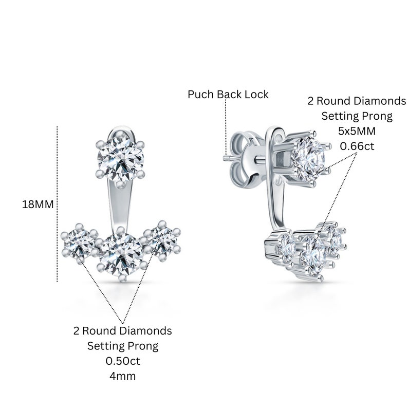 May include: Silver earrings with a push back lock. The earrings feature a total of five round diamonds set in prongs. The larger diamond is 5mm in diameter and the smaller diamonds are 4mm in diameter. The earrings are 18mm long.
