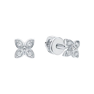 Stud de flor de diamantes de oro de 14k, pendiente en forma de cuatro hojas, pendiente minimalista delicado, pequeño perno floral, regalo para mujeres.