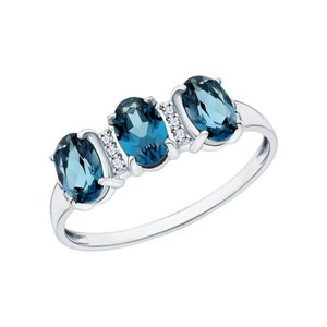 14K Gold Three-Stone Oval Blue Topaz Ring, London Blue Topaz Gemstone Diamond Ring, Birthstone Gift, Gift For Women