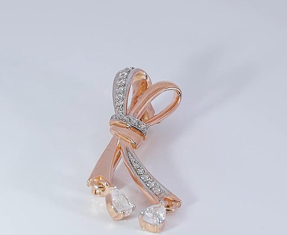 Diamond Bow Dangle Ribbon Pin, 14K Gold Ribbon Brooch, Openwork Brooch ...