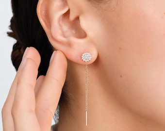 14K Gold Diamond Flower Threader Earrings | Round Diamond Drop Earrings | Long Chain Dangle Earrings | Minimalist Gift for Women