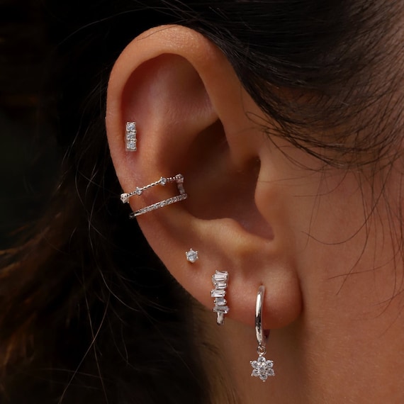 Vertical Line Diamond Studs, Rectangle Bar Earring, 14k Gold
