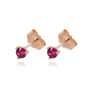 Könnte beinhalten: Ein Paar Ohrstecker mit einem kleinen, runden, tiefrosa Edelstein, der in Roségold gefasst ist. Die Ohrringe haben ein schlichtes, elegantes Design, ideal für den Alltag.