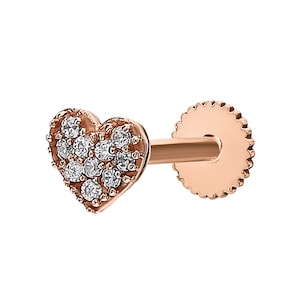 14k Gold Heart Cartilage Piercing, Pave Diamond Heart Piercing Stud , Flat Back Tragus Ear Stud, Minimalist Helix Jewelry, Gift For Women