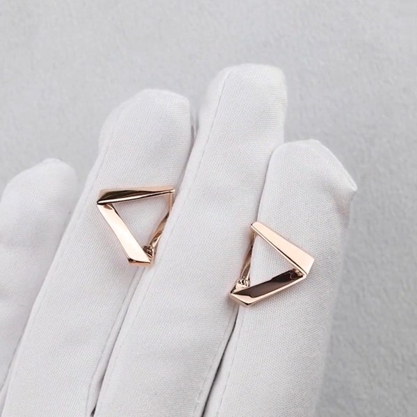 14K Gold Triangle Hoop Earring, Wrap-Around Cufflink Earring, Glossy Drop Studs, Geometric Trendy Hoops, Gift For Women