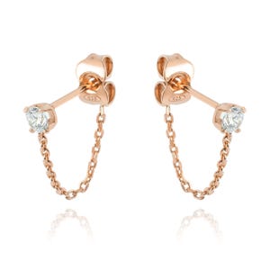 Single Diamond Long chain Drop Earring, 14k Gold Prong Set Diamond (0.10ct) Stud, Loop Delicate Chain Earring, Dainty Jewelry, Gift For Her.
