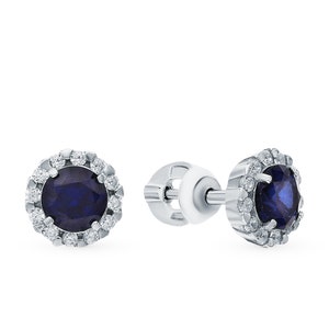 Blue Sapphire Halo Round Diamond Earrings ,14k White Gold Blue Sapphire Stud, Wedding Earring, Gifts For Her.