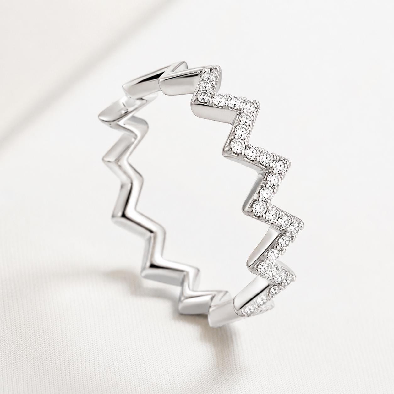 14K Solid Gold Diamond Zigzag Ring | Geometric Wave Diamond Band