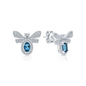 Blue Gemstone Butterfly Stud, Halo Diamond Earring Stud, Topaz Birthstone Earring, Animal Jewelry, Gift For Women.