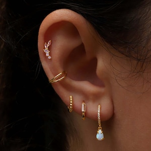 14K Gold Moon Stone Leaf Stud Piercing, Marquise Helix Piercing, Climber Cartilage Tragus Stud, Conch Rook Snug Earring, Gift For Friend.