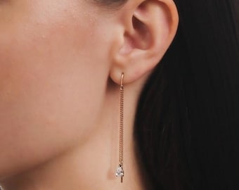 14K Gold Pear Diamond Long Drop Threader Earrings | Cable Chain Dangle Jewelry | Elegant Minimalist Style | Gift For Her | Cushion blue
