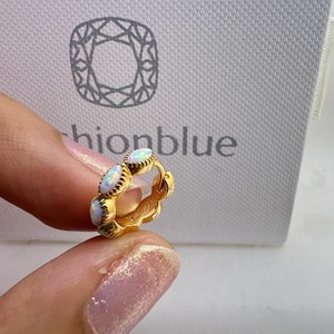 Opal Marquise Eternity Huggie Earring, 14k Yellow Gold Scalloped Hoop, Opal Marquise Ring, Wedding Band Jewelry, Bridal Gift For Her.