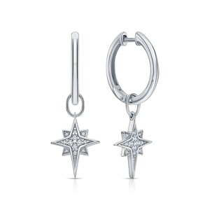 North Star Dangle Hoop Earring | 14k White Gold Celestial Drop Earring | Plain Huggie Hoop Earring | Dainty Star Jewelry | Gift for women.