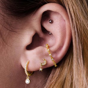 14k Gold Diamond Moon Dangle Star Piercing, Mini Moon Star Cartilage Piercing, Threader Earring, Vintage Fashion Jewelry, Gift For Her