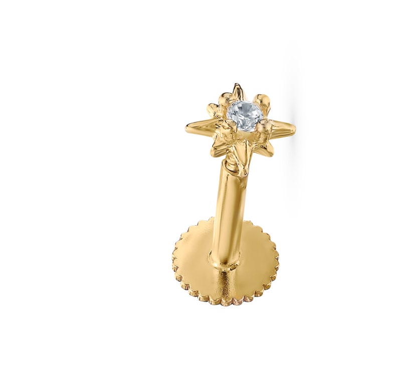 May include: Gold star-shaped nose stud with a clear gemstone in the center. The stud has a screw-on back.