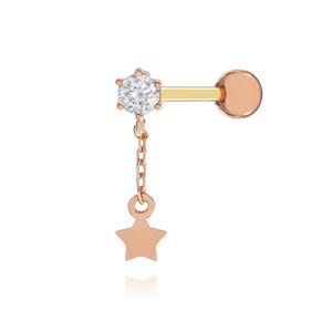 14k Gold Diamond Dangle Star Stud, Star Drop Earring, Tiny Ear Climber, Cartilage Helix Piercing, Gifts For Her.