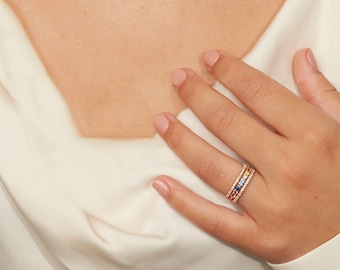 14K Gold Rainbow Gemstone Ring | Multicolor Sapphire Band with Diamond Accents | Pride Jewelry Gift for Women.